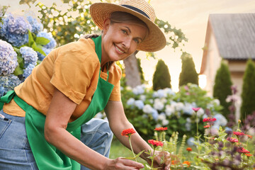 Smiling senior woman in hat and apron in garden