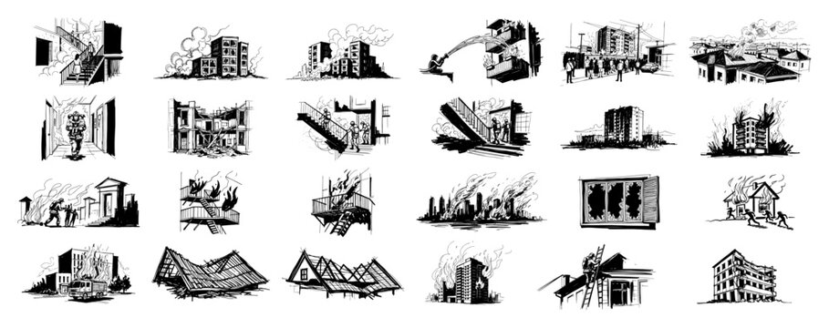 Destroyed buildings icons collection sketch vector