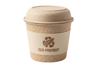 Biodegradable coffee cup with lid and eco friendly label isolated on transparent background