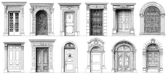 Collection of illustrated vintage doors in different styles showcasing architectural details and historical design elements perfect for design projects