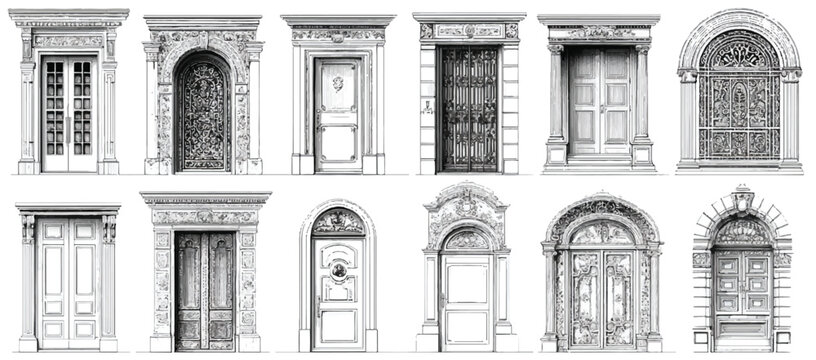 Collection of illustrated vintage doors in different styles showcasing architectural details and historical design elements perfect for design projects