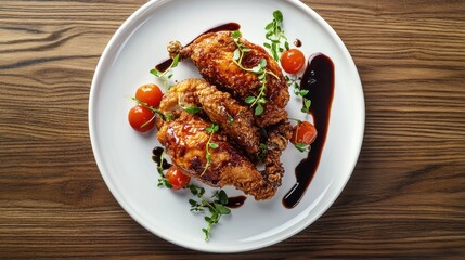 Fototapeta premium Crispy fried pieces, drizzled with sauce, garnished with fresh herbs and cherry tomatoes