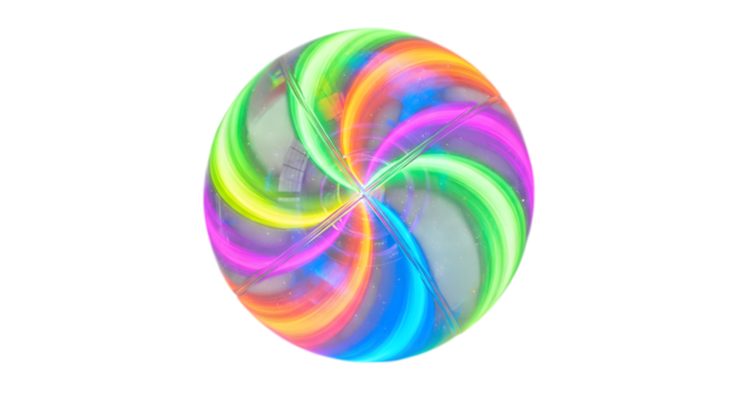 A swirling rainbow sphere isolated on transparent background, featuring vibrant colors blending in a mesmerizing pattern, creating a sense of movement, energy, and playful harmony