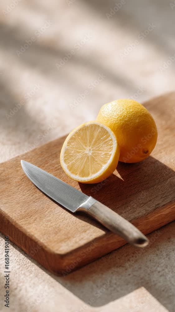 Poster sunlight illuminates a wooden cutting board with a whole lemon and a half lemon alongside a sharp kn