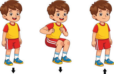 Cartoon squat exercise illustration, physical activity sequence vector, fitness movement guide, child workout pose set, health education artwork, proper form training graphic