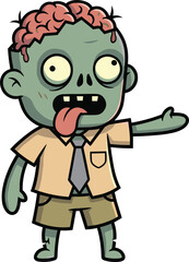 Cartoon zombie character illustration, funny undead office worker vector, playful horror design, Halloween mascot artwork, green monster icon, brain-exposed creature graphic