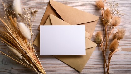 blank white card mockup on brown envelopes on rustic wooden table with natural dried flowers and light background for branding and stationary design