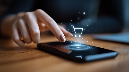 Woman Using Smartphone with Digital Shopping Cart Icon in Glowing Augmented Reality Environment