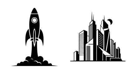 Rocket launching into the sky above a city skyline representing business growth and future expansion 