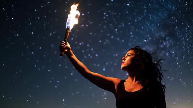 Woman holding a torch at night under a starry sky