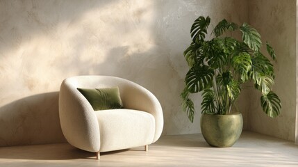 Interior shot of a cozy chair and monstera plant with dappled light on textured walls
