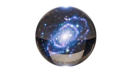 A captivating galaxy is encased within a crystal ball, its swirling stars and cosmic dust creating a mesmerizing and ethereal spectacle isolated on transparent background