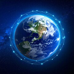 Earth floating in space surrounded by glowing network lines, symbol of global digital connectivity.
