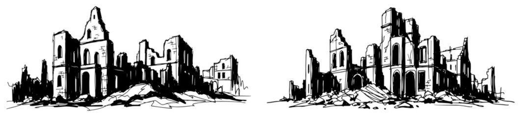 War torn building ruins sketch