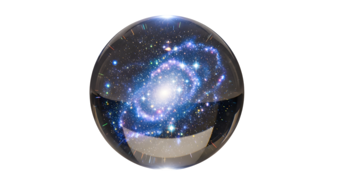 A captivating galaxy is encased within a crystal ball, its swirling stars and cosmic dust creating a mesmerizing and ethereal spectacle isolated on transparent background