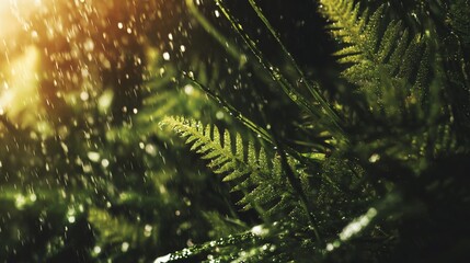 Close Up Green Fern Leaves Glowing with Dew in Natural Light