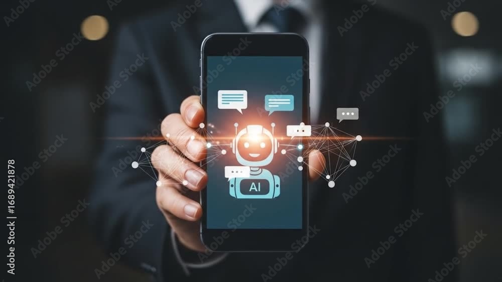 Aufkleber businessperson showcasing ai chatbot technology on smartphone screen with interactive message bubble