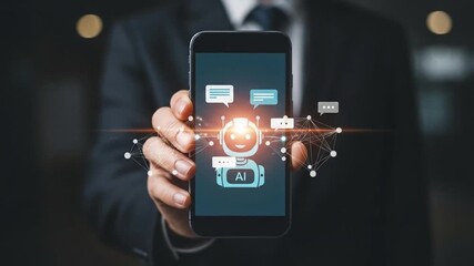 Businessperson showcasing AI chatbot technology on smartphone screen with interactive message bubbles and network - Powered by Adobe