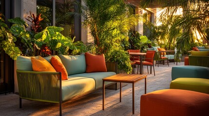Fototapeta premium Immersive Outdoor Living Composition Featuring Eco Furniture and Daybed on Patio – Sustainable Wellness Visual for Digital Retreats