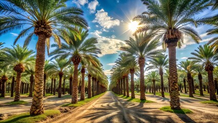 Naklejka premium Palm Tree Plantation Under a Bright Blue Sky with Fluffy Clouds