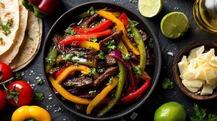 Colorful Stir-fried Beef with Bell Peppers and Vegetables on Black Plate