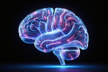 3D anatomical illustration of a human brain with a glowing x-ray effect, highlighting health, intelligence, and the mind