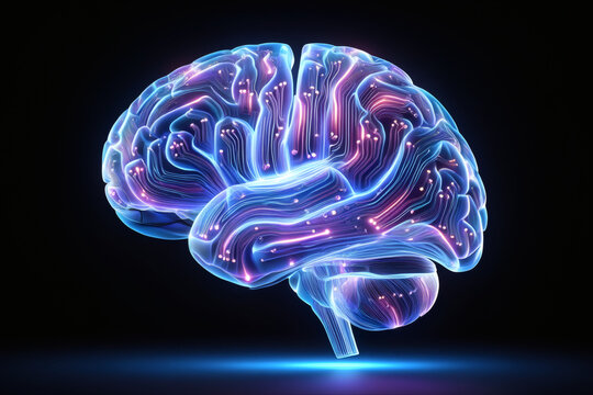 3D anatomical illustration of a human brain with a glowing x-ray effect, highlighting health, intelligence, and the mind - Powered by Adobe