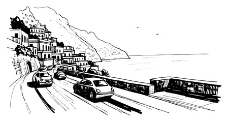Scenic coastal road with cars vector illustration © Mago