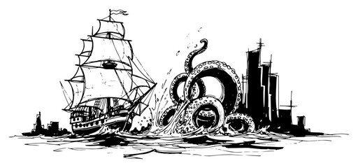 Kraken monster attacking a tall ship near a modern city