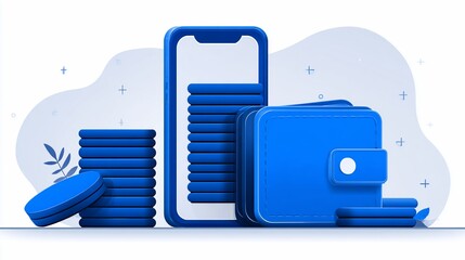 Digital Wallet and Coin Stack Illustration in Blue Style for Financial Technology