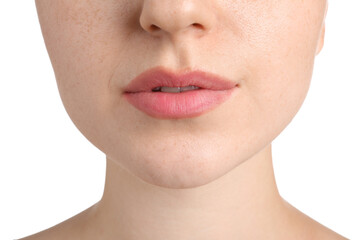 Woman before cosmetic procedure on white background, closeup