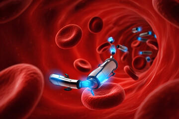 An illustrative blue syringe and a needle in a medical laboratory with 3D rendered red blood cells and DNA