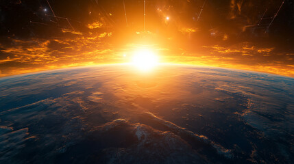 A radiant golden sun illuminates the Earth's curving horizon and blue atmosphere from the vastness of space above.