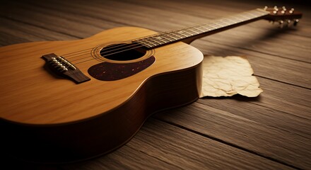 Acoustic guitar and sheet music on a wooden table.