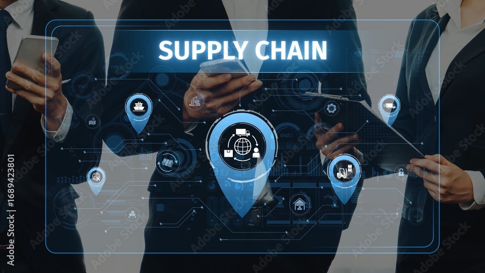 Poster professionals engage with digital tools in a modern office, showcasing supply chain management conce