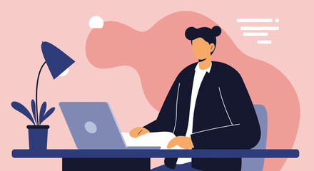 Professional woman diligently working on her laptop at a modern desk, ideal for business, remote work, or technology concepts.