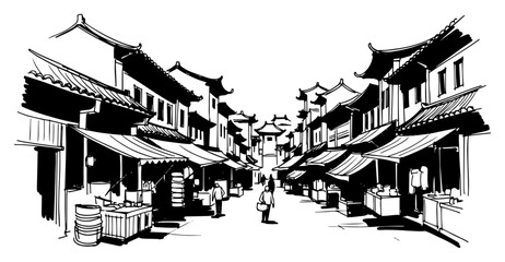 Obraz premium Old asian town street market with traditional architecture sketch