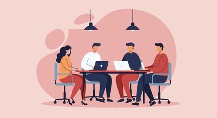 Diverse team of professionals collaborating with laptops in a modern office setting. Depicting teamwork, innovation, and productive business communication.