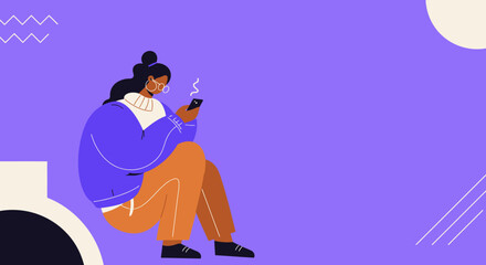 Woman engaging with her smartphone, surrounded by modern abstract shapes. Represents online communication, digital lifestyle, and social networking.