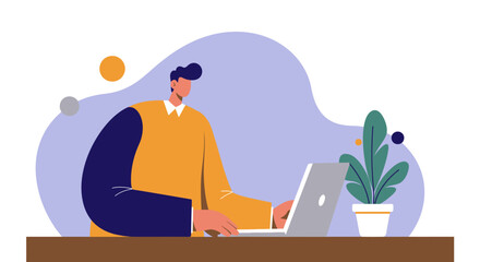 Young man working on a laptop at a desk, engaged in remote work or online learning, with a plant for a natural touch. Ideal for business, technology, or lifestyle concepts.