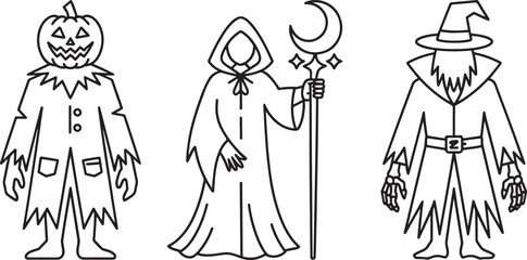 Halloween Costume Line Art Collection Spooky Characters in Outfits Against Transparent Backdrop