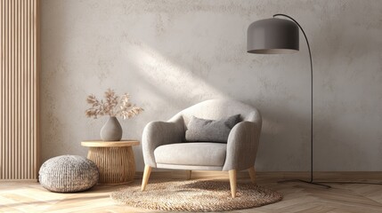 Beige armchair, round jute rug, and floor lamp sit in a neutral room with textured walls