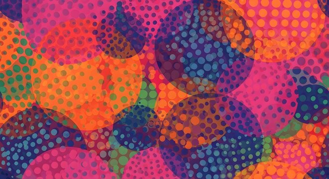 Colorful circles overlapping with polka dot patterns in shades of pink orange and blue tones art
