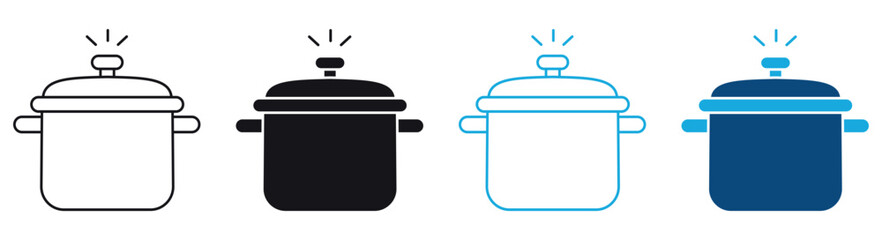Pressure cooker icon set. food preparing kitchen culinary utensil made of metal stainless steel. Vector illustration .