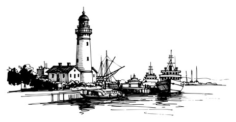 Obraz premium Coastal lighthouse harbor with boats and village