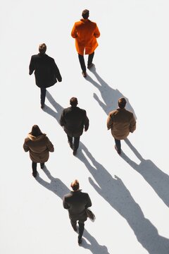 Personas caminando vista a&eacute;rea, Gente con sombras largas en la calle, Fotograf&iacute;a urbana desde arriba con peatones, Grupo de personas caminando en espacio abierto fondo blanco