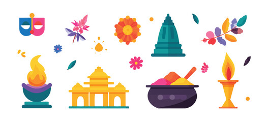 Fototapeta premium Colorful Diwali Festival Elements Arranged on White Backdrop for Festive Celebration and Traditional Hindu Symbolism