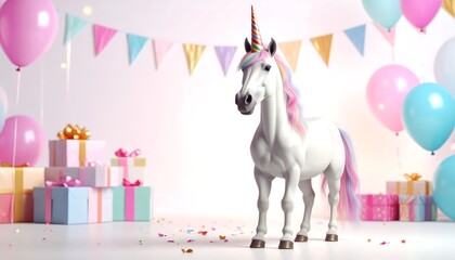 Unicorn party scene with gifts and balloons