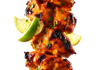 Delicious grilled chicken tikka with lime slices.