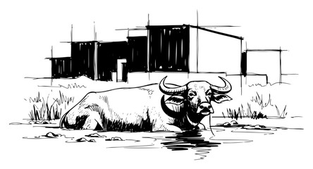 Water buffalo wallowing in village pond vector illustration